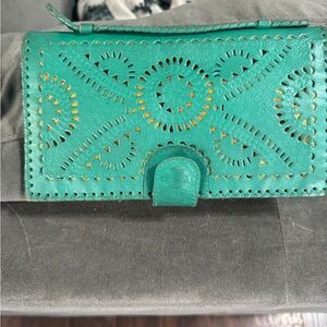 Cleobella Mexican Perforated Leather Clutch  teal yellow